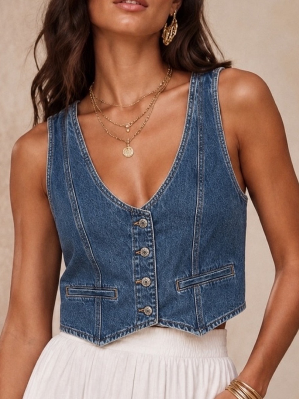 Lucky Brand Women M Blue Medium Wash Western Button Front Cropped Denim Vest NWT
